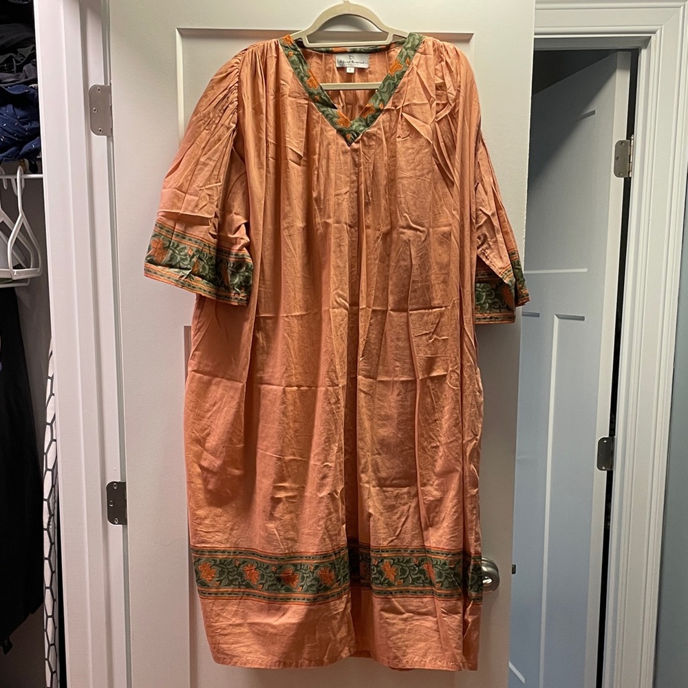 Vintage inspired Peach Caftan with Green Floral accents. One Size. 100% Cotton.